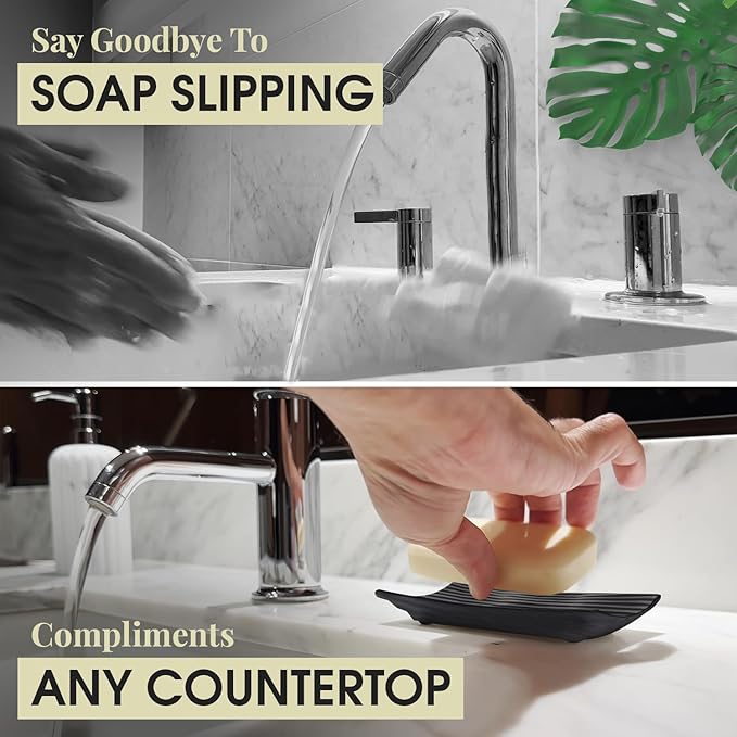 Modern Zen Black Ceramic Soap Dish - 4.9 x 3 Inches Sleek Bathroom Soap Tray - Durable Bar Soap Holder with Soap Saver Ridges, Black Soap Dish for Bathroom, Kitchen, or Shower