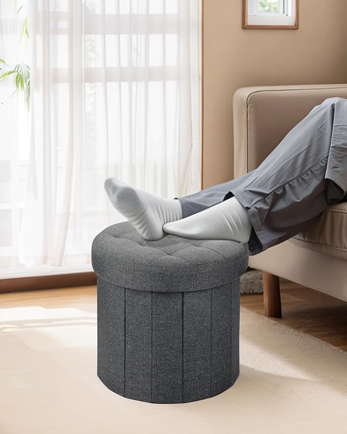 Ottoman with Storage, Foot Rest Stool with Thicker Foam Padded Seat Linen Small Round 14“ x 14” x 13 "Inchs Storage Ottoman Bench for Living Room Foldable Pouf Coffee Table 2 Pack, Dark Gray