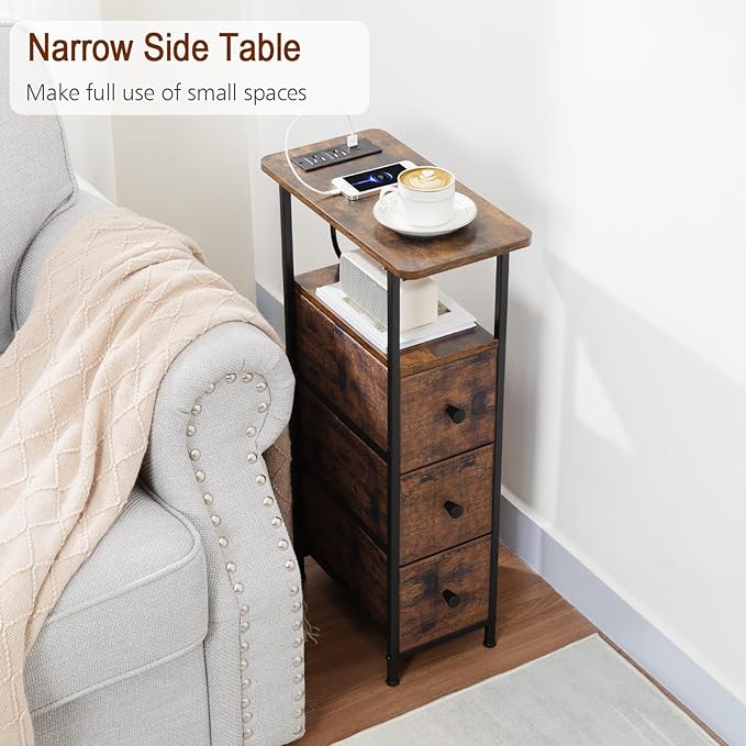 Narrow End Tables Living Room Set of 2 with Charging Station, Skinny Side Table with Fabric Drawers, Slim Nightstand for Bedroom, Small Spaces, Couch, Rustic Brown, HETNDP03PBR