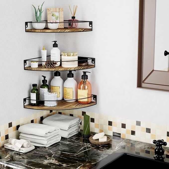 Corner Shelf Wall Mounted, Corner Floating Shelves for Wall, Wood Storage with Cable Hole for Kitchen Living Room Bedroom Bathroom, Dark Brown Set of 3