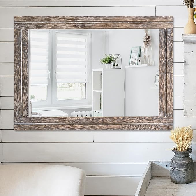 AAZZKANG Mirror with Wood Framed Rectangle Rustic Wall Mirrors Decor Large 26"x18" for Bedroom Bathroom Living Room Entryway