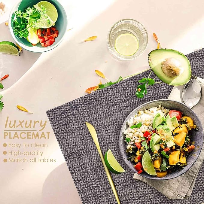 GIVERARE Placemats Set of 4, Heat-Resistant Woven Vinyl Placemat 12x18in, Non-Slip Washable PVC Table Mat, Easy to Clean Premium Plastic Mats for Dining, Kitchen Table (Dark Gray)