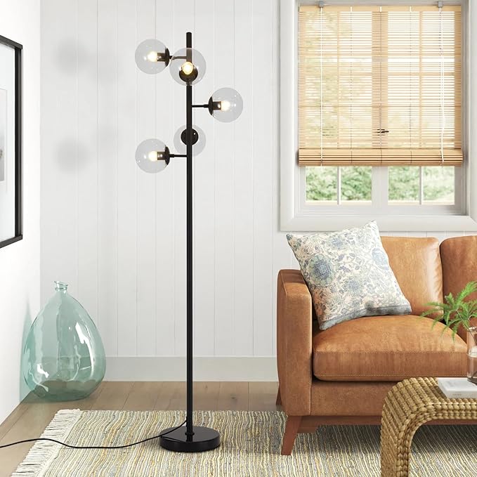 KCO Lighting 5 Light Globe Floor Lamp - Black Tall Mid Century Modern Contemporary Standing Lamp for Living Room, Bedrooms, Office