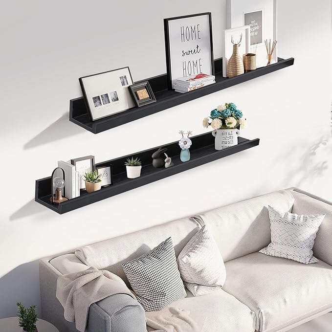 Muzilife 45.3" Large Floating Wall Ledge Shelves with Lip - Set of 2 Wood Floating Shelves - Black Wall Mounted Picture Ledge for Office, Bathroom, Bedroom, Living Room, Kitchen