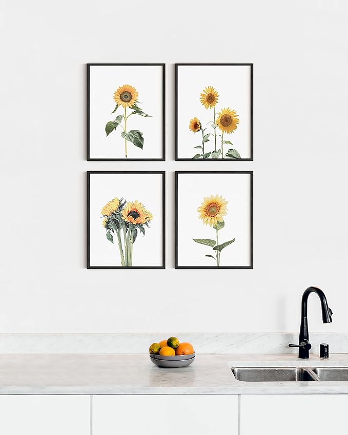 HAUS AND HUES Sunflower Wall Decor and Sunflower Posters - Set of 4 Sunflower Bedroom Decor, Sunflower Paintings for Wall, Yellow Wall Art Kitchen Decor, Sunflower Decor (Black Frame, 8x10)