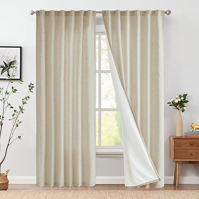jinchan Oat Lined Linen Blend Curtain for Living Room 90 Inch Length 2 Panels Curtains for Sliding Glass Doors, 50 Inch Wide Farmhouse Drapes with Rod Pocket Back Tab(50W x 90L, Oat)