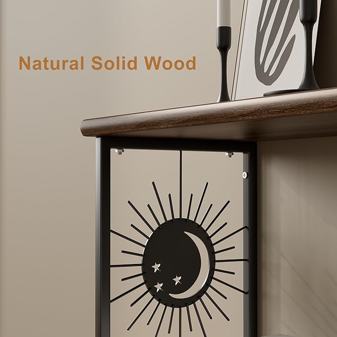 Floating Nightstand Wall Mounted - Natural Solid Wood Night Stand, Bedside Table 2 Tier Shelf, Modern Metal Celestial Side Floating Shelves Decor for Living Room Bedroom