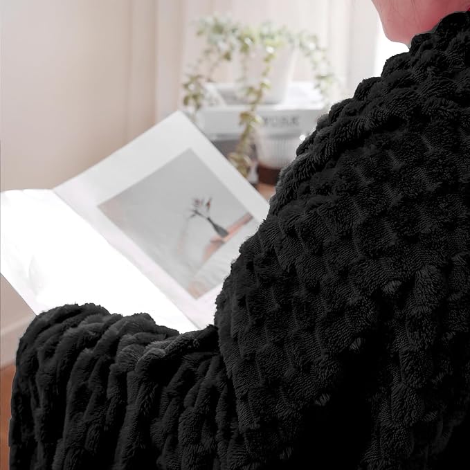 Puncuntex Black Throw Blanket 90"×90" inches Fuzzy 3D Jacquard Decorative Flannel Fleece Super Soft Plush Cozy Blanket for Couch Sofa Chair Lightweight