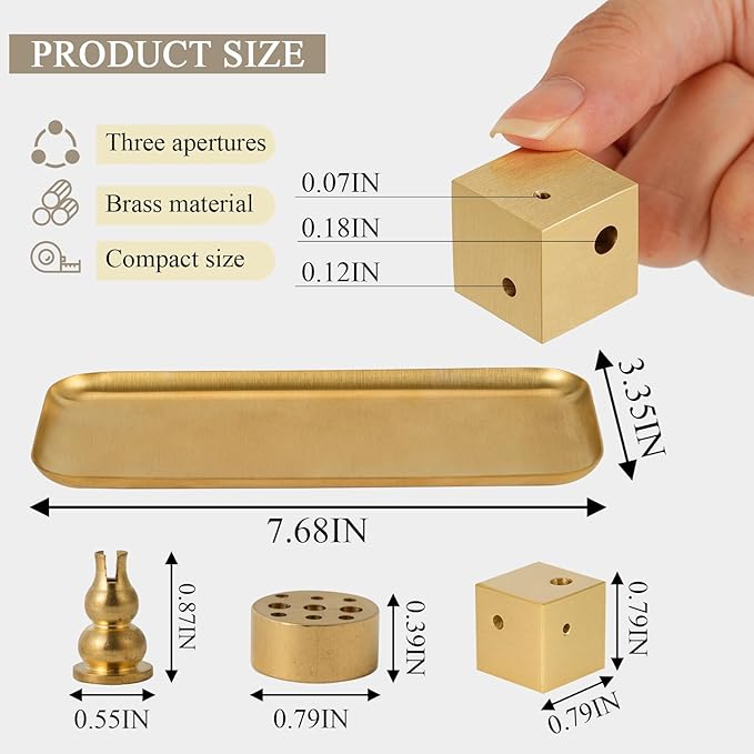 Brass Incense Holder with Tray Set,Block Incense Stick Holder for Multiple Angles, Incense Burner for Home Deco,Yoga and Relax Mood,6pcs