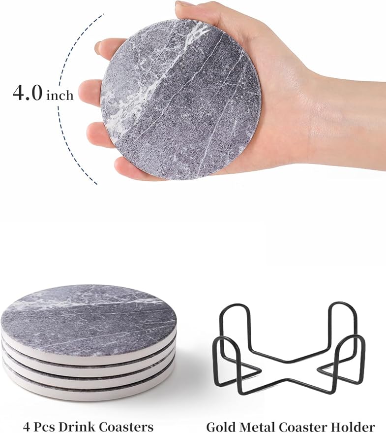 LIFVER Drinks Coasters Set of 4, Living Room Decor, Ceramic Absorbent Coasters with Cork Base, Protect Wooden Table or Furniture from Scratched, Drink Coasters with Holder - Grey