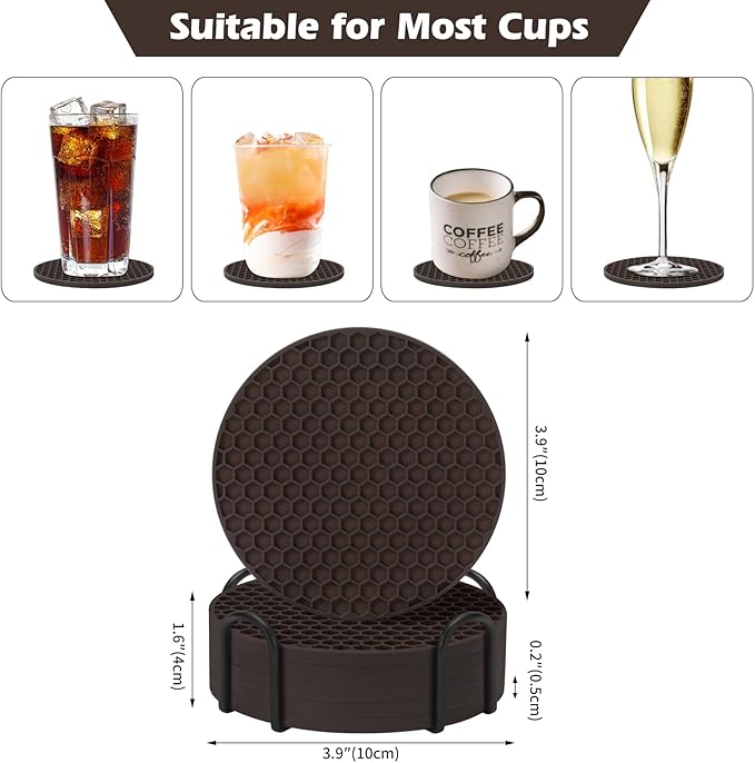 Coasters Set of 6 with Holder,Coasters for Drinks,Coffee Table Decor Coaster,Suitable for Kinds Cups,Anti-Slip,Non-Stick,Silicone Cup Coaster and Living Room Decor (6 Pcs, Coffee)