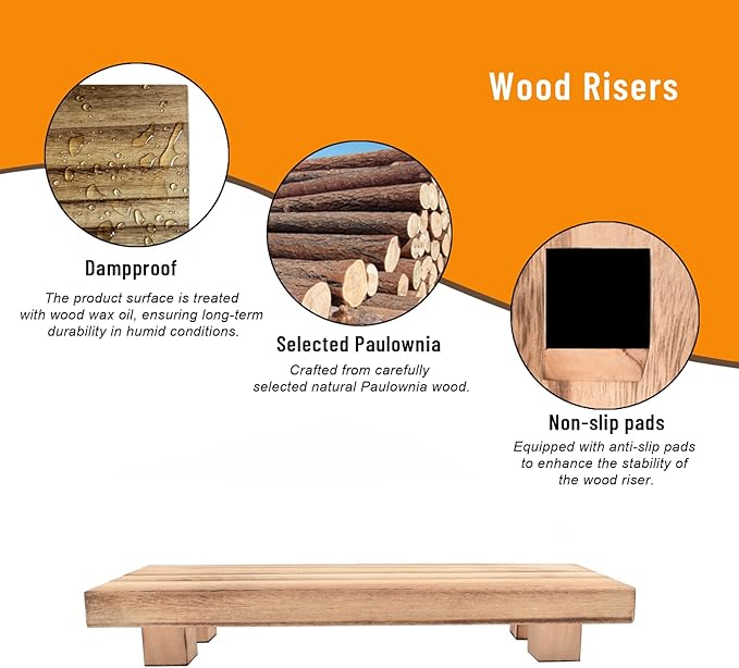 Wood Riser for Home Decor, Small Plant Stand with Decorative Wood Pedestal, Rustic Tray (11.8x4.7x2 inches)