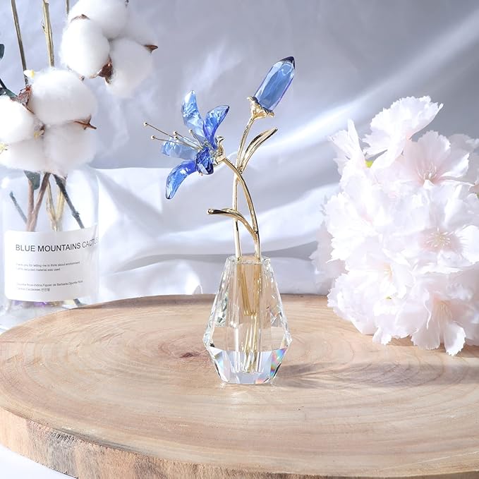 Crystal Lily Flower Figurine with Stems, Handmade Collectible Statue for Decoration Mothers Day, Centerpiece, Day, Bridal Shower Gift Pink