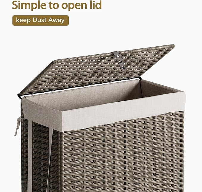 Rolling Laundry Hamper with Wheels and Lid, 90L Slim Laundry Basket with Removable Bag, Foldable Handwoven Rattan Laundry Sorter, Narrow Dirty Clothes Basket Organizer, No Assembly, Grey