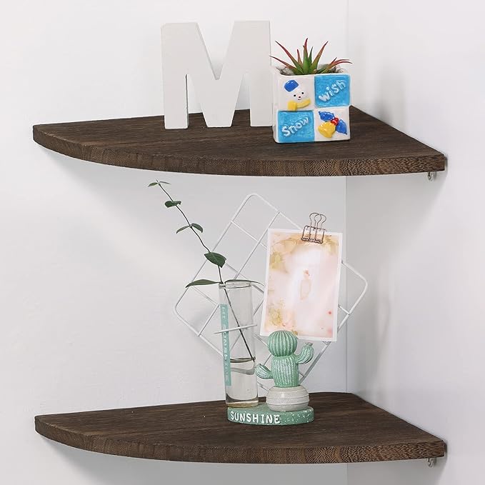 12 inch Corner Wall Shelf, Set of 2 Solid Wood Corner Floating Shelves for Wall, Round End Wall Mounted Floating Shelf for Bedroom, Living Room and Kitchen (Brown-12 inch)