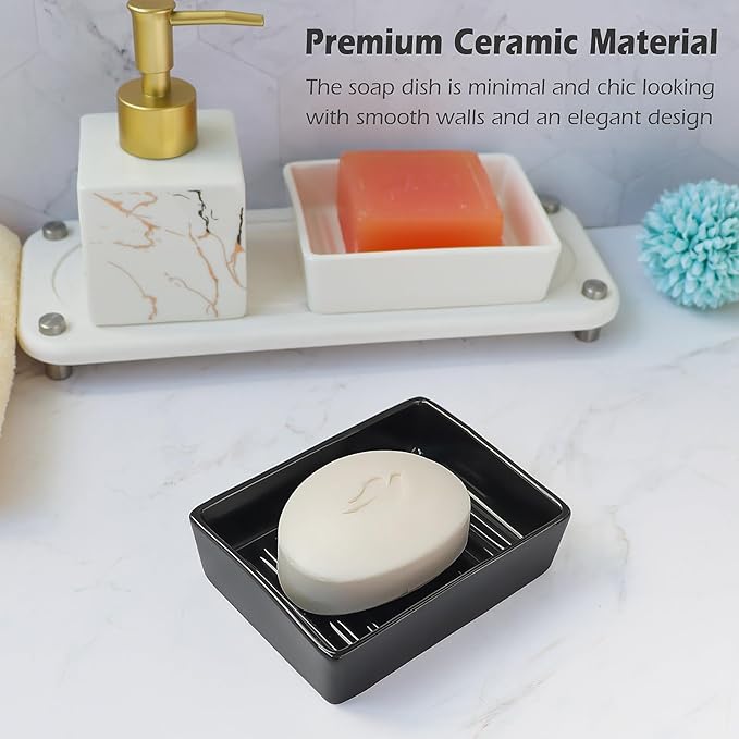 Soap Dish for Shower, Rectangle Ceramic Soap Dishes, Classic Modern Style soap Dish adds Beauty and enhances The Premium Look of The Bathroom, Non-Slip Ceramic Soap Holder(Black)