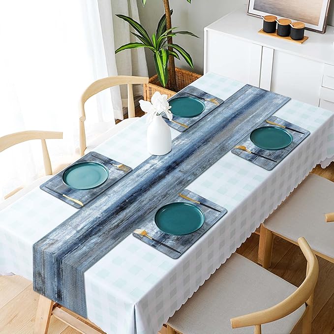 Mcalk Dark Blue Table Runner and Placemats Set of 6 Pieces, Blue Placemat, Cloth Place Mats Indoor for Kitchen, Washable Abstract Placemats Linen Material for Dining Table