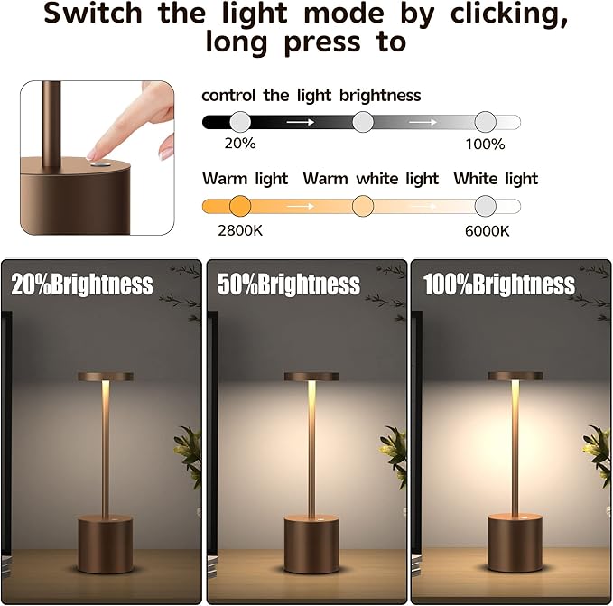 2Pack Cordless Table Lamp, Rechargeable LED Battery 5000mAh Metal USB Portable Powered Desk Lamp, 3 Levels Brightness Light for Restaurants Outdoor (2 Pack 10.25in Coffee)
