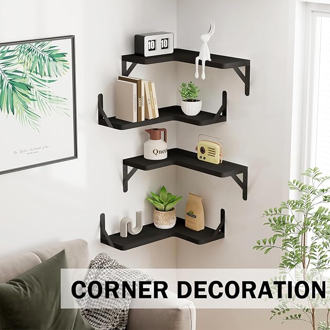 Muzilife Corner Floating Shelves Wooden Floating Shelve Set of 4, Wall Mounted for Storage, L-Shaped Shelves for Wall Decor Wall Organizer for Bedroom, Bathroom, Kitchen, Living Room and Office, Black