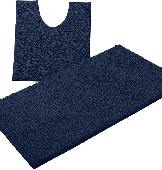 Bathroom Rugs Sets 2 Piece, Luxury Chenille Bath Mat Set, Soft Plush Anti-Slip Bath Rug + U-Shaped Toilet Mat. Microfiber Shaggy Carpet, Super Absorbent (24” x 36” & 20” x 24” U, Navy)