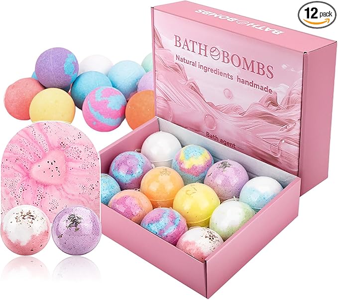 Natural Handmade Bath Bombs Salt Balls Gift Set, 12 PCS with Sea Salt & Shea Butter, Moisturizing Dry Skin, Stress Relief, Bubble Bath, Perfect Care Relaxing Spa Gifts for Women, Men & Kids