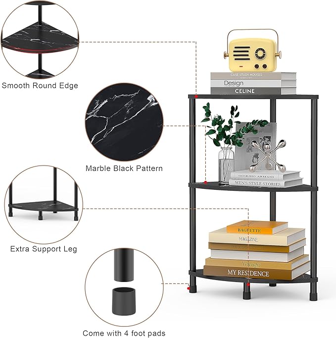 Book Small Corner Shelf, 3 Tier Corner Bookshelf Display for Living Room Decor, 23.2" Standing Shelf Bookcase Organizer, Black Storage Shelves for Bedroom, Bathroom, Small Space