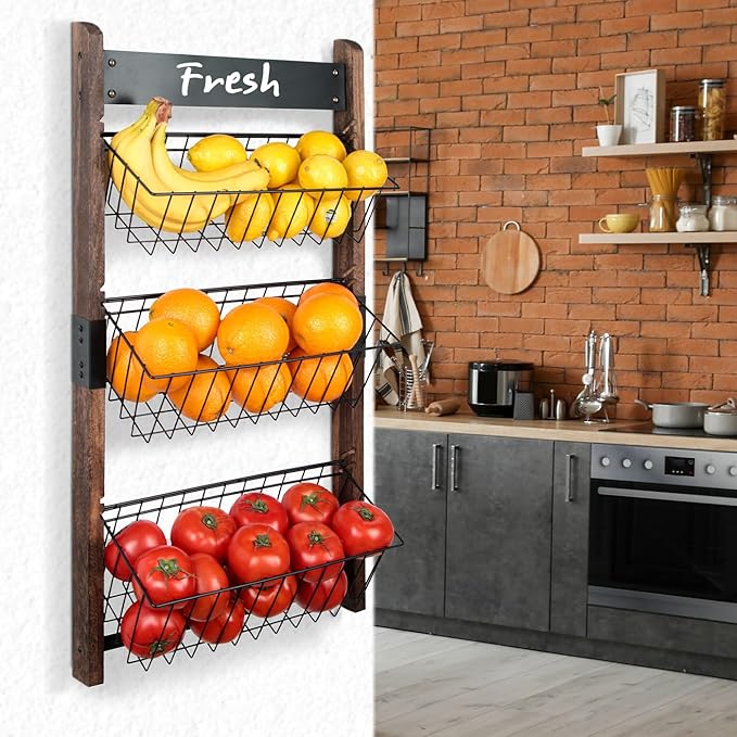 J JACKCUBE DESIGN 3 Tier Wall Mount Fruit Basket, Hanging Wire Fruit Vegetable Storage Organizer Rack for Kitchen with Chalkboard- MK657B