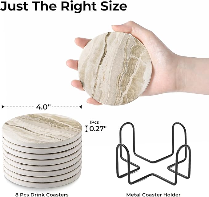 LlFVER Coasters Set of 8, Absorbent Drink Coasters with Holder, Marble Style Ceramic Stone Coasters for Drinks Coffee Tabletop Protection, Modern Furniture Coasters for Home Decor House Warming Gifts