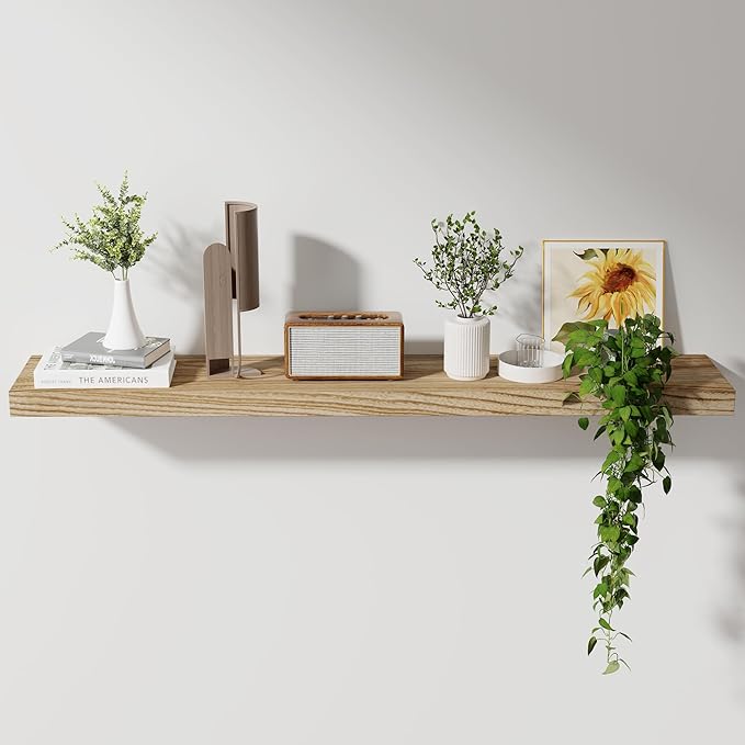 Axeman Floating Shelves, 8 Inch Deep Modern Solid Wood Wall Shelves for Storage, Wall Mounted Display Shelving with Invisible Heavy-Duty Metal Bracket, 48" W x 8" D x 1.6" H, Light Carbonized