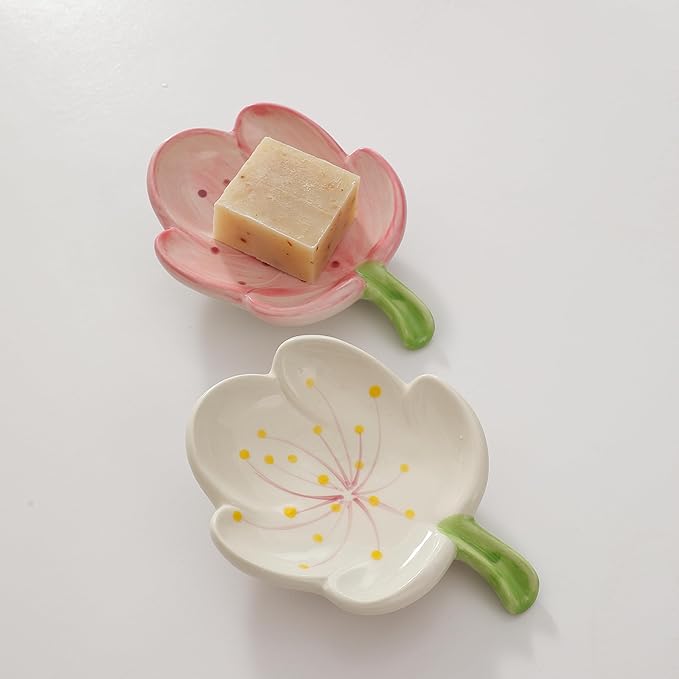 Ankah Decorative Ceramic Soap Box, Flower Shape Soap Dish, Self-Draining to Keep Dry Stop Mushy Soap Holder, Easy Cleaning, Best for Shower Bathroom and Kitchen (Tulip, White)