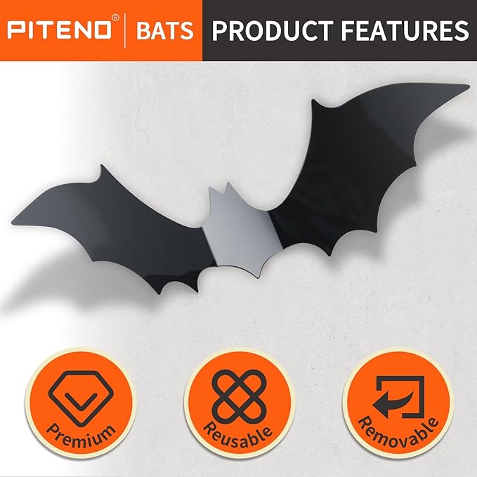 Piteno® 140Pcs Bats Halloween Decorations Party Supplies, Realistic PVC 3D Black Scary Bat Stickers for Creepy Home Decor Halloween Party Decorations DIY Wall Window Decal Bathroom Indoor