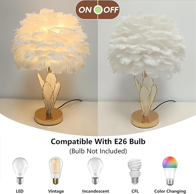 ZYLEIESENBAO Chic White Feather Lamp Creative Furry Table Lamp Modern Feather Desk Lights Romantic Princess Bedside Nightstand Light for Teen Girls Bedroom Decoration Living Room Wedding Kids Room