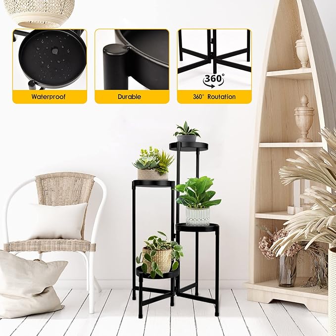 4 Tier Plant Stand Indoor Outdoor, 31 Inch Tall Metal Plant Shelf Waterproof, Plant Holder with Folding Design For Home, Living Room, Black