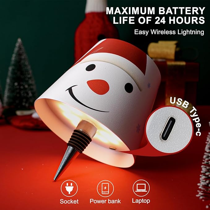 Wireless Bottle Lamp Shade,Rechargeable LED Portable Cordless Table Lamp, 3 Colors Stepless Dimming Touch Wine Bottle Lights for Outdoor Bars Dining Bedroom (Snowman)