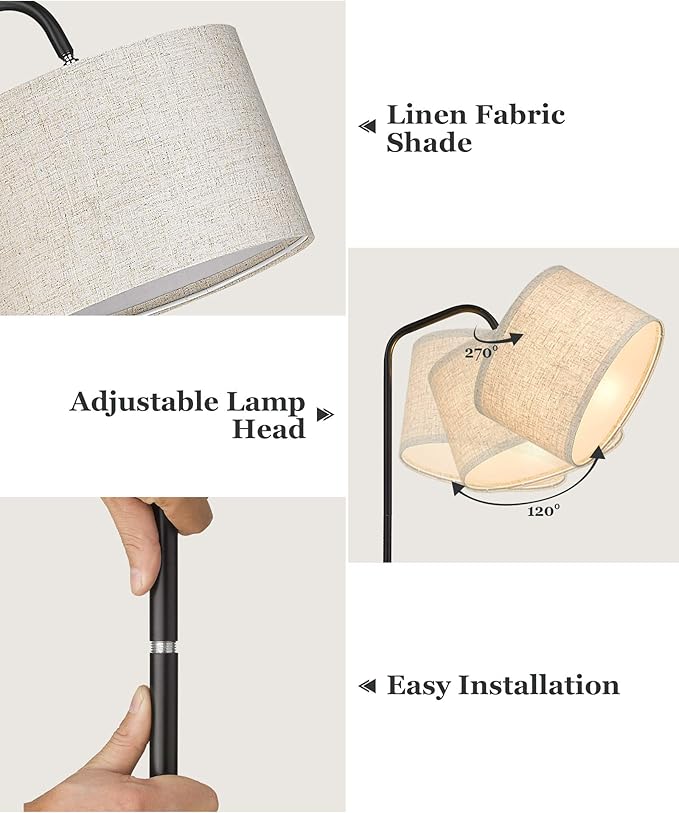 ELYONA Floor Lamp for Living Room with 3 Color Temperatures, Modern Standing lamp with Beige Linen Adjustable Hanging lampshade, Tall Pole Reading Lamp with 9W LED Bulb for Bedroom, Office, Black