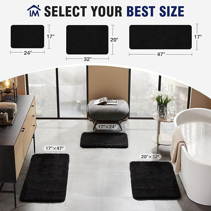 TECHMILLY Super Soft Shaggy Bathroom Rugs, Absorbent Thick Non Slip Microfiber Bath Rugs, Quick Dry Machine Washable Bath Mat for Bathroom Floor, Bathtub and Shower 24"x36" Black