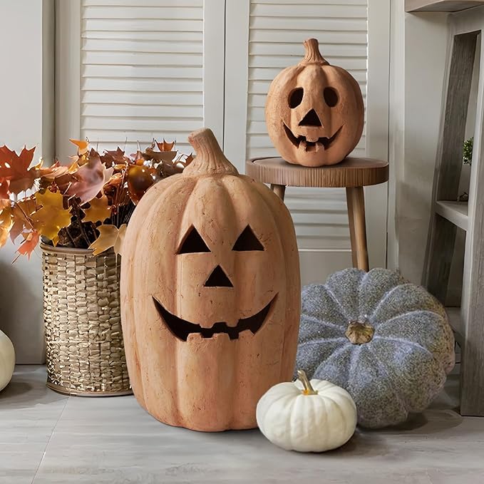 Fall Decor - Halloween Decorations - Handmade Terracotta Pumpkin Jack O' Lantern Outdoor Indoor -Cute Halloween Farmhouse Autumn Festival Decoration for Home Table Porch Mantel Front Door Room(Large)