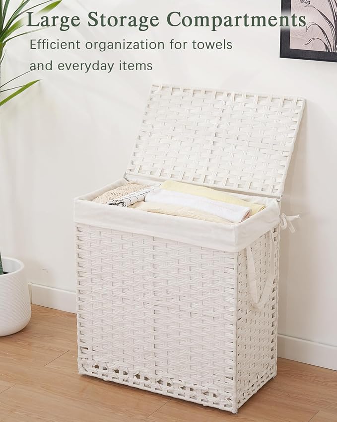 Laundry Hamper with Lid Wicker Laundry Basket 112 L (29.6 Gal) Laundry Hampers Handwoven Rattan Clothes Hamper with Handles 3 Removable Liner Bag, 6 Mesh Bags for Bathroom Bedroom White