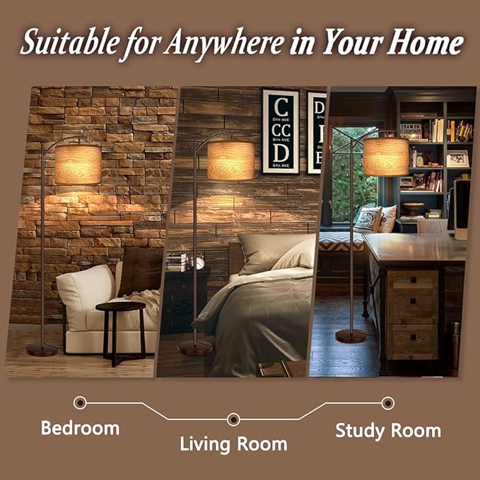 ROTTOGOON Floor Lamp for Living Room, LED Standing Lamp with Wood Pattern Lamp Shade Tall Industrial Floor Lamp Reading for Bedroom, Office (9W LED Bulb Included) - (Oil-Rubbed Bronze)