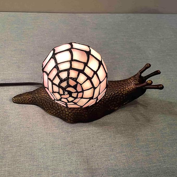 Bieye L10962 Land Snail Tiffany Style Stained Glass Accent Table Lamp for Home Decor (Pink, 10" D x 5" W x 5" H)