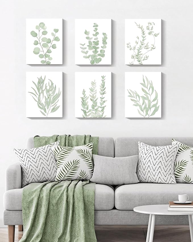 Botanical Eucalyptus Canvas FRAMED Wall Art,Boho Plant Wall Decor for Bedroom,Minimalist Prints for Living Room,Light Green Botanical Art Painting for Bathroom,Set of 6,8”x 10”