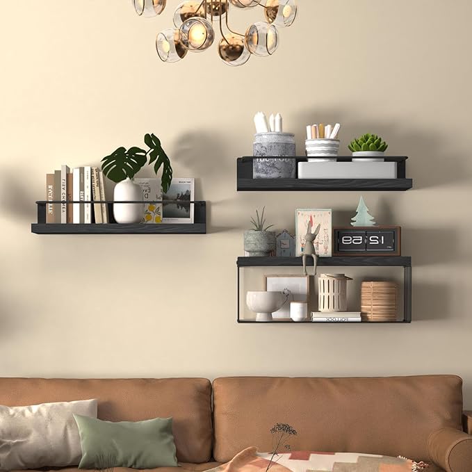 Bathroom Shelves Over Toilet for Wall, Floating Shelves with Storage Basket Paper Holer for Kitchen Living Room, Bedroom & Classroom, Set of 3 (Woodgrain Black)