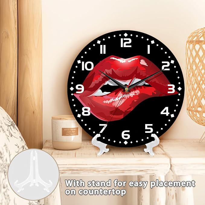 Red Lip Wall Clock - Vintage Wooden, Silent Non-Ticking, Battery Operated, Arabic Numerals, Decorative for Kitchen, Office, Classroom - 10 Inch