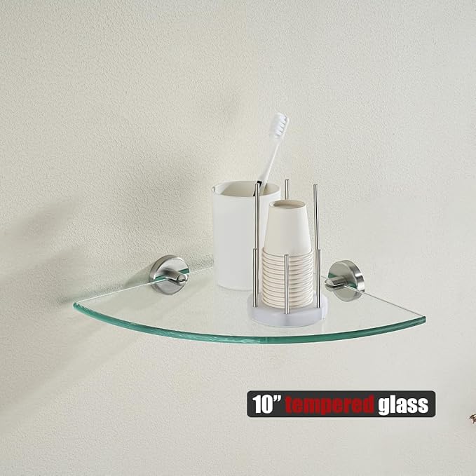 JQK Corner Glass Shelf, Brushed Steel Bathroom 304 Stainless Steel Shower Triangle Floating Wall Shelf, 10 x 10 Tempered Glass, 2 Pack, TGS190L10-BN-P2
