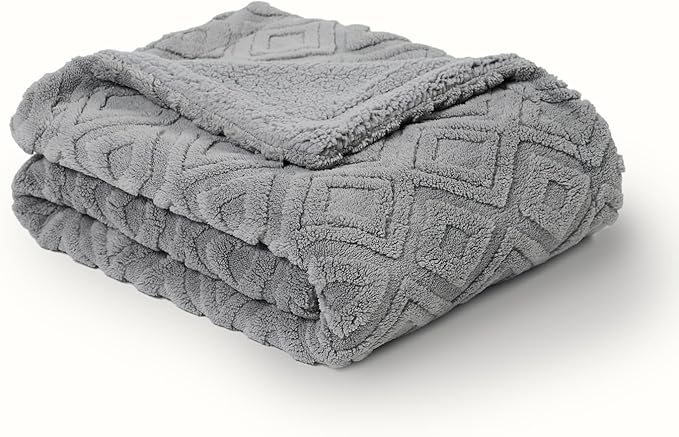 EVERGRACE Jacquard Boho Sherpa Fleece Throw Blanket for Couch, Super Soft Cozy Fuzzy Plush Blankets for Winter, Reversible Thick Warm Blanket for Bed, Sofa, Living Room, Grey, 90" x 90"