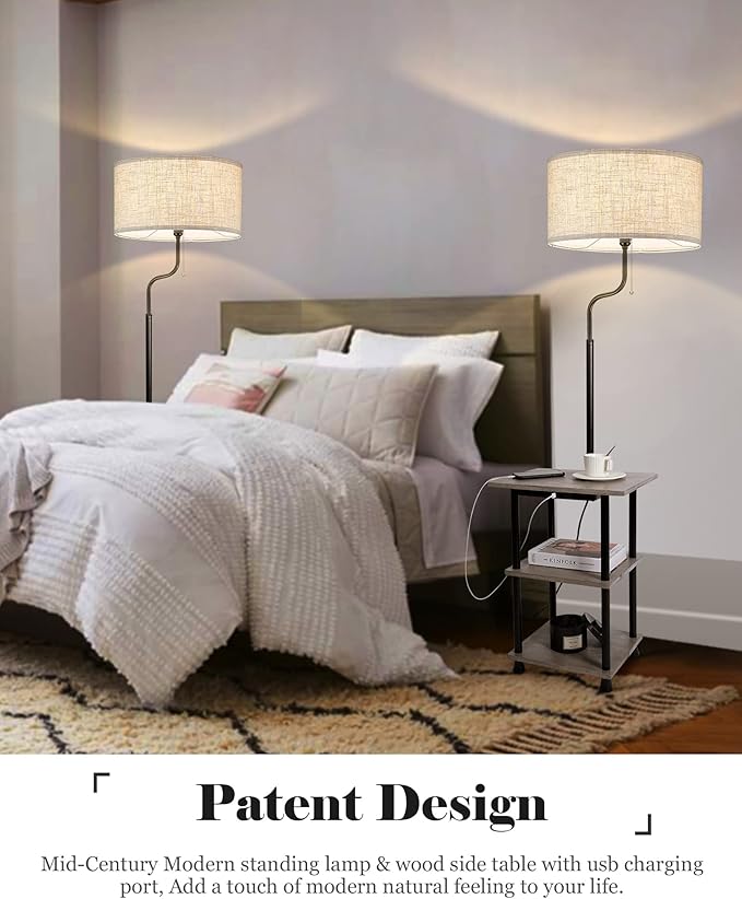 ELYONA Solid Wood End Table Floor Lamp, USB Type C Charging Port & Outlet, Side Table Shelf Reading Standing Light with Drum Shade for Bedroom, Farmhouse, Living Room, Office, LED Bulb Included, Grey