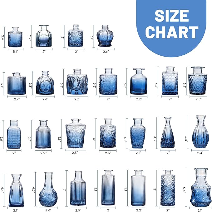 Fixwal 36 Blue Bud Vases Glass Bud Vase Set, Small Vases for Flowers, Bud Vases for Centerpieces Mini Flower Vases in Bulk for Rustic Wedding Decorations Vintage Look Home Table Decor (Blue)