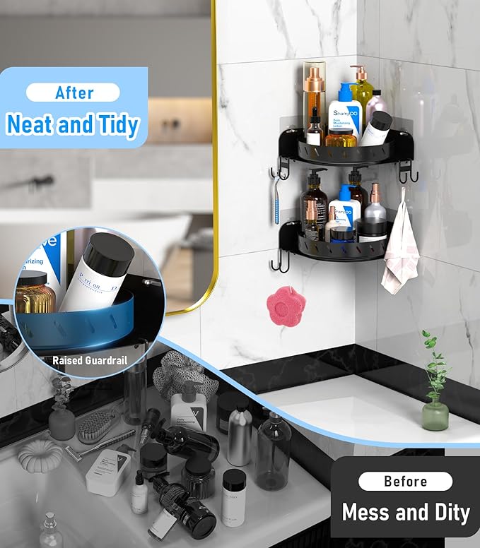 360°Rotating Corner Shower Caddy Shelf With 6 Hooks,2PACK Bathroom Shower Organizer Corner with 5Pcs Adhesive,Stainless Steel Corner Shower Racks for Inside Shower for Home Apartment Decor(Black)
