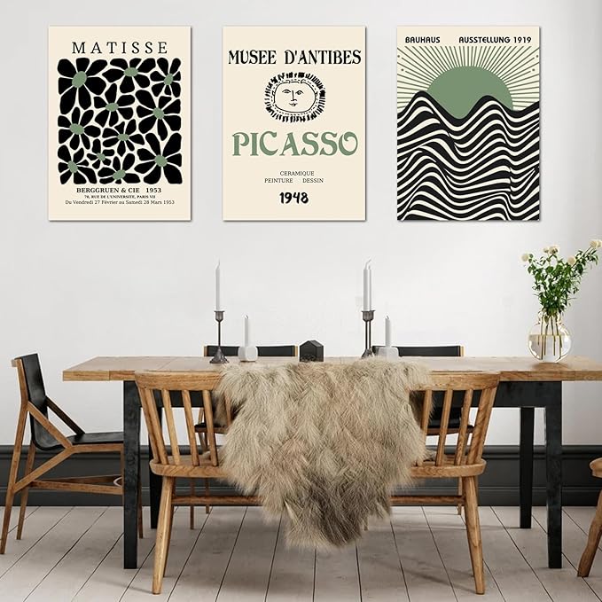 Sage Green Wall Posters & Prints, Green Matisse Wall Art Set of 3, Abstract Matisse Framed Wall Art Decor, Minimalist Geometric Line Green Canvas Artwork Paintings for Living Room, Bedroom, Office