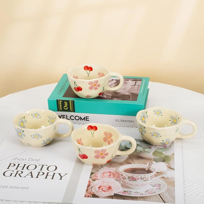 Koythin 2-Pieces Ceramic Coffee Mugs, Creative Cute Flower Cup for Office and Home, 8.5 oz/250 ml Aesthetic Mug for Latte Tea Milk (2 Pink Cherrys)